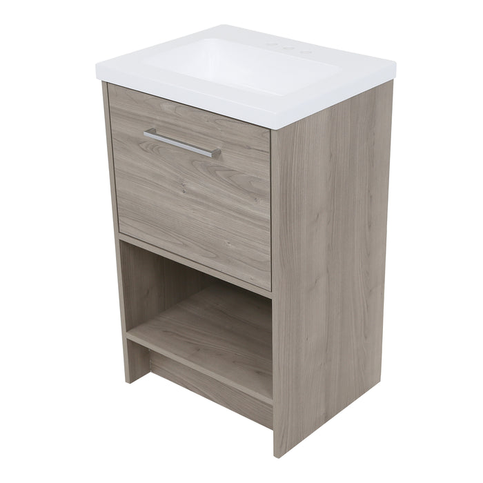 Top view of Adrian 20" W light woodgrain cabinet-style bathroom vanity with 1 flat-panel door, open lower shelf polished chrome pull, white sink top