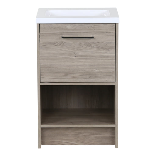 Adrian 20" W light wood bathroom vanity with 1 flat-panel door, open lower shelf polished chrome pull, white sink top