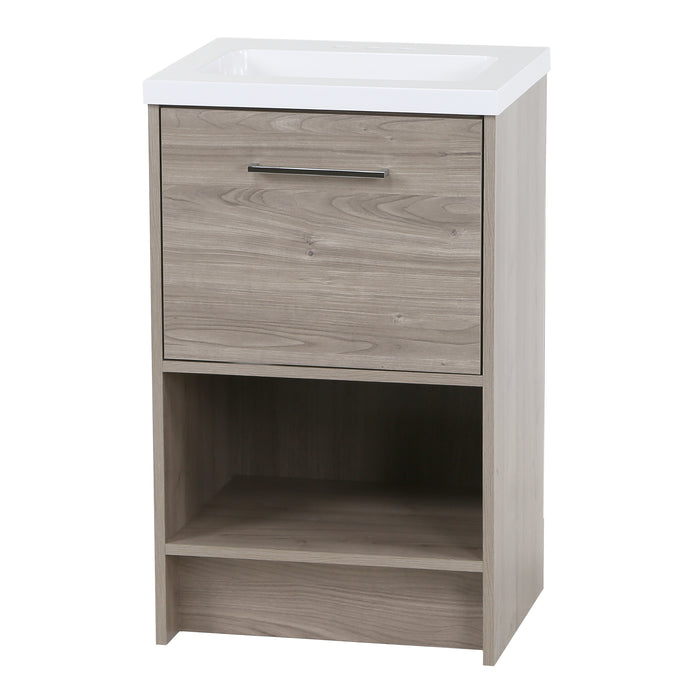 Right side of Adrian 20" W light woodgrain cabinet-style bathroom vanity with 1 flat-panel door, open lower shelf polished chrome pull, white sink top