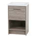 Right side of Adrian 20" W light woodgrain cabinet-style bathroom vanity with 1 flat-panel door, open lower shelf polished chrome pull, white sink top