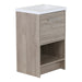 Left side of Adrian 20" W light woodgrain cabinet-style bathroom vanity with 1 flat-panel door, open lower shelf polished chrome pull, white sink top