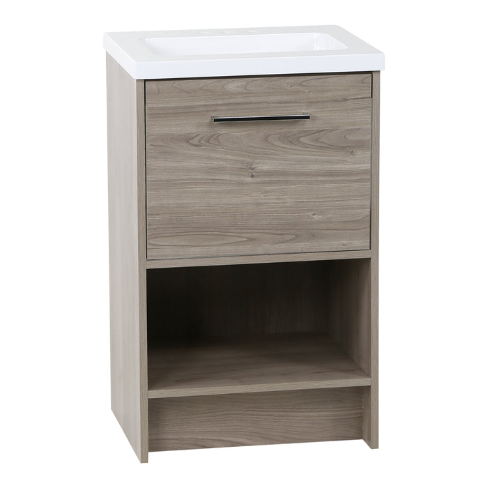 Angled view of Adrian 20" W light woodgrain cabinet-style bathroom vanity with 1 flat-panel door, open lower shelf polished chrome pull, white sink top