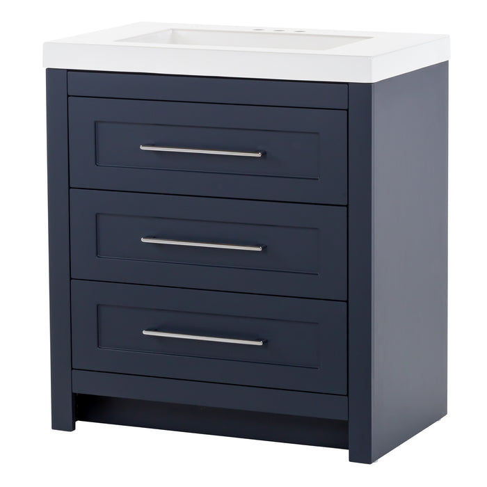 Right side of Bainbridge 30.5" deep blue bathroom Vanity with drawers and white sink top