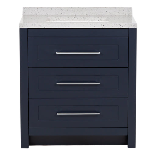 30.5” Bainbridge freestanding bathroom vanity features a combination of traditional and contemporary design with three soft-close drawers, polished chrome drawer pulls, and a predrilled soft silver ash vanity top in a Deep Blue finish 