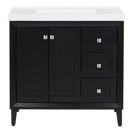 Beckett 37" wide powder room vanity with black cabinet finish, white sink top, 2 soft-close doors, 3 drawers, and fine grain nickel pulls