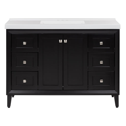 Beckett 49" wide furniture-style bathroom vanity with black cabinet finish, 2 Shaker-style soft-close cabinet doors, predrilled white cultured marble countertop with integrated sink, 6 full-extension drawers, and fine grain nickel pulls