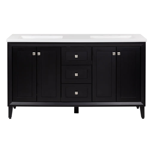 Beckett 61" wide double-sink bathroom vanity features a furniture-style design with tapered adjustable legs, 2 cabinets with inset Shaker-style cabinet doors in a black finish, and 3 full-extension drawers that line the center