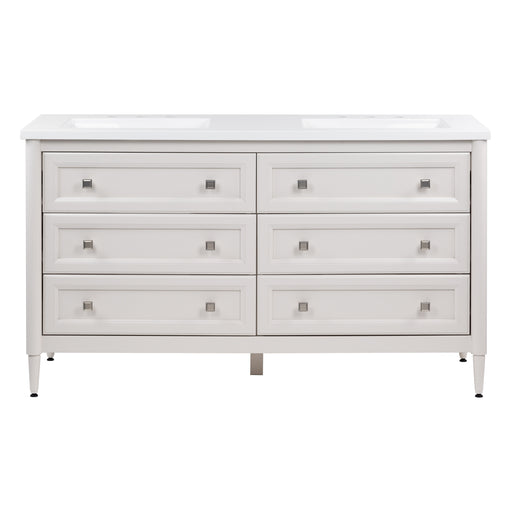 Bolivar 61" wide double-sink dresser-style vanity features a traditional design with 6 inset, recessed-panel cabinet drawers, satin nickel pulls, a white cultured marble countertop with integrated sinks and adjustable tapered legs in a soft off-white finish