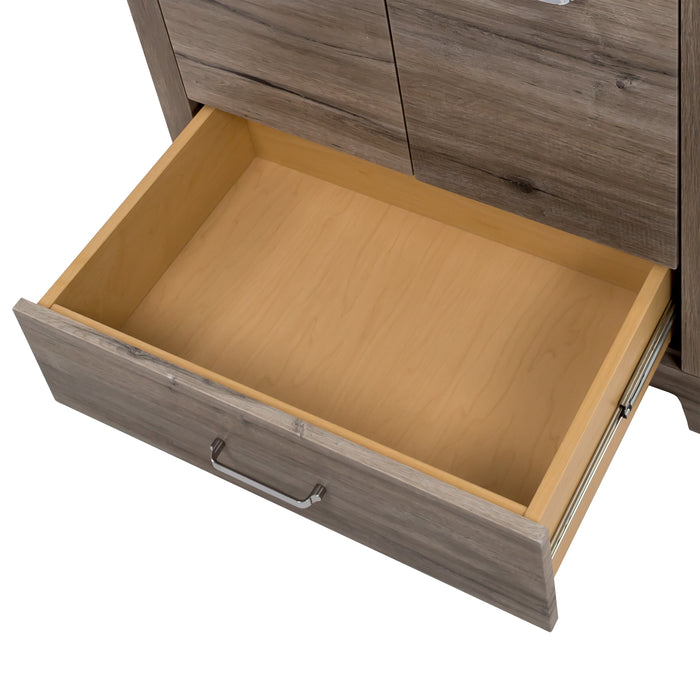 Open base drawer on 30.25 in Breena half-bath vanity with woodgrain laminate finish, 2-door cabinet, base drawer, chrome hardware