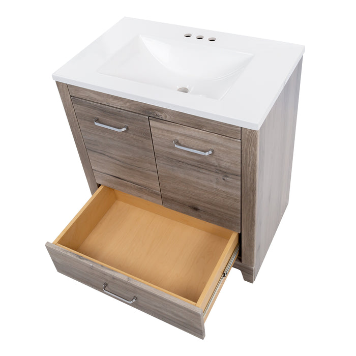 Top view with base drawer open, 30.25 in Breena half-bath vanity with woodgrain laminate finish, 2-door cabinet, base drawer, chrome hardware