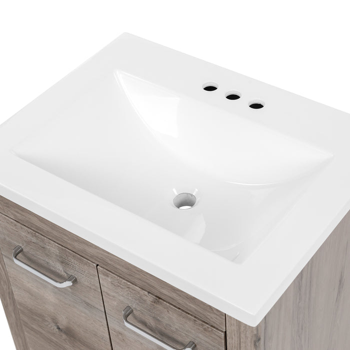 Predrilled sink top on 24.25 in Breena bathroom vanity with woodgrain laminate finish, 2-door cabinet, base drawer, chrome hardware
