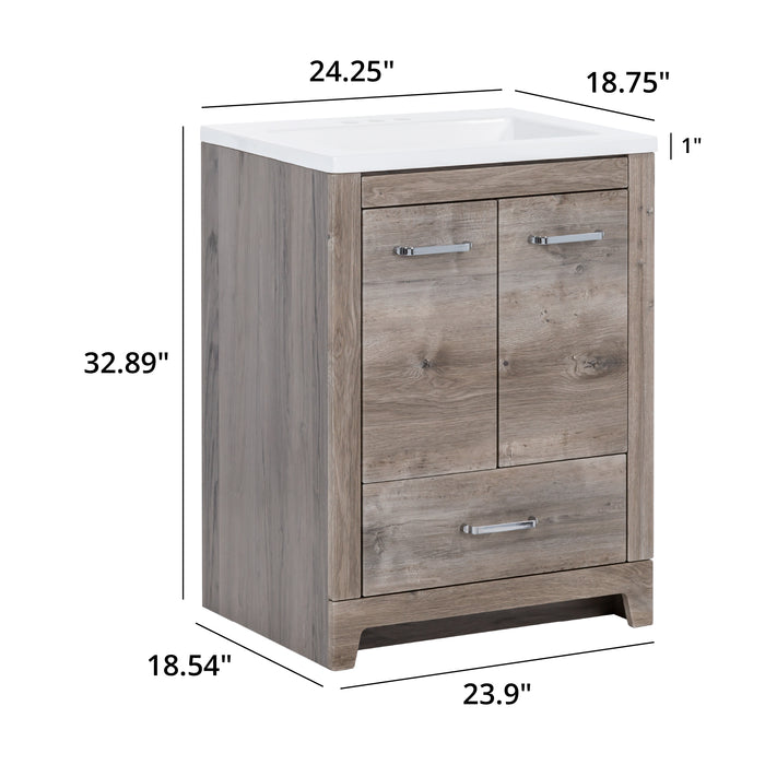 Measurements of 24.25 in Breena bathroom vanity with woodgrain laminate finish, 2-door cabinet, base drawer, chrome hardware: 24.25 in W x 18.75 in D x 32.89 in H