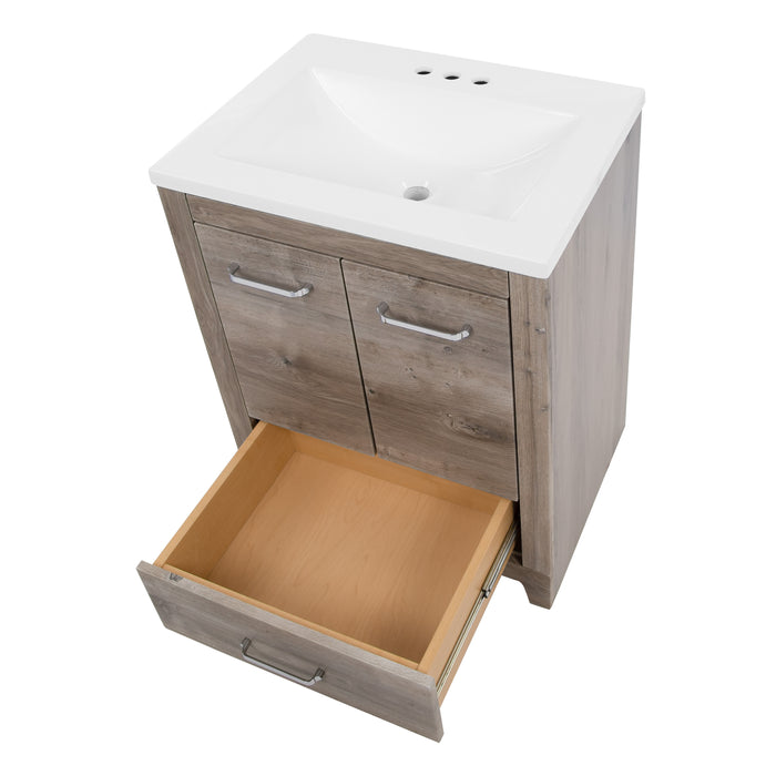 Top view with base drawer open on 24.25 in Breena bathroom vanity with woodgrain laminate finish, 2-door cabinet, base drawer, chrome hardware