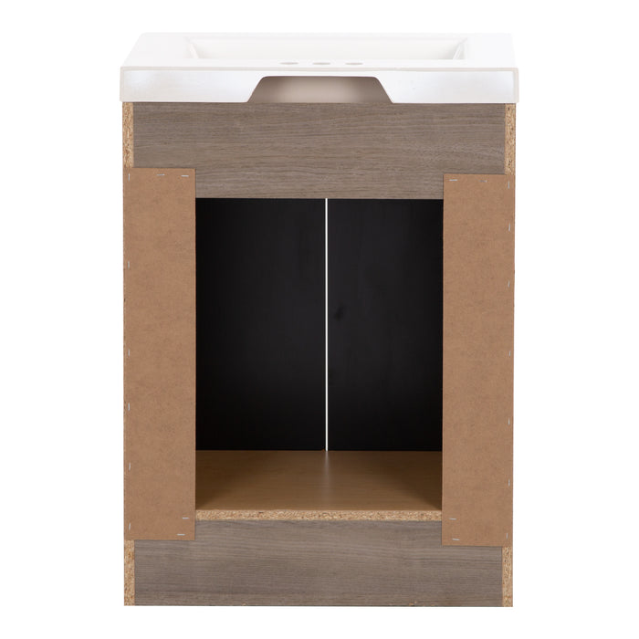 Open back of Callen vanity by Spring Mill Cabinets, Two door medium woodgrain box-style bathroom cabinet
