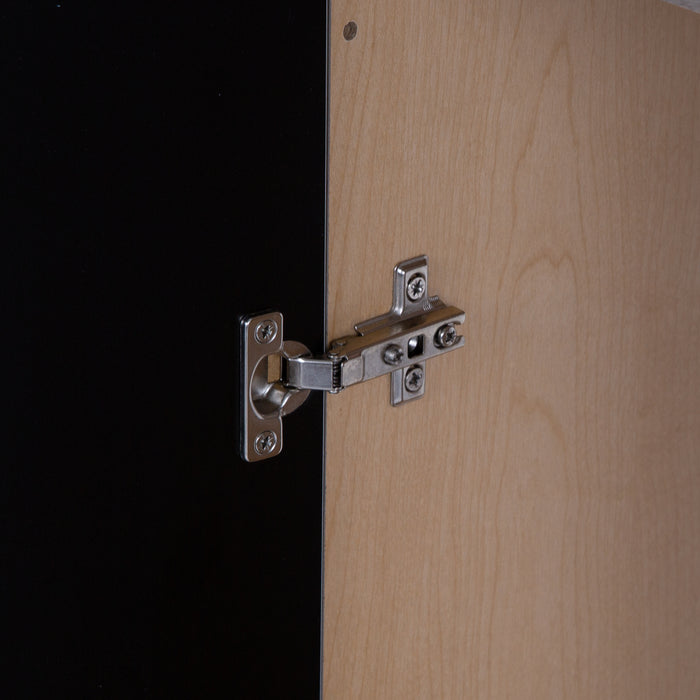 Close up of 6-way adjustable hinges on Callen vanity by Spring Mill Cabinets, Two door medium woodgrain box-style bathroom cabinet 