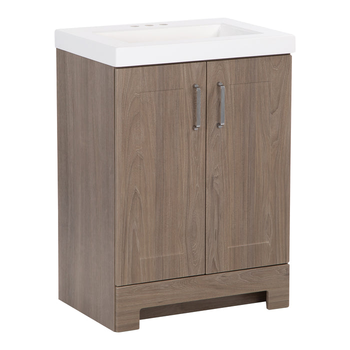Left side of Callen vanity by Spring Mill Cabinets, Two door medium woodgrain box-style bathroom vanity cabinet with shaker style doors, chrome hardware, removable white sink top