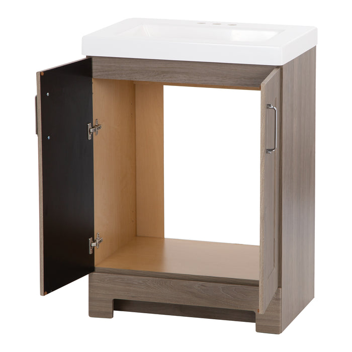 Open view of Callen vanity by Spring Mill Cabinets, Two door medium woodgrain box-style bathroom cabinet with shaker style doors, chrome hardware, removable white sink top