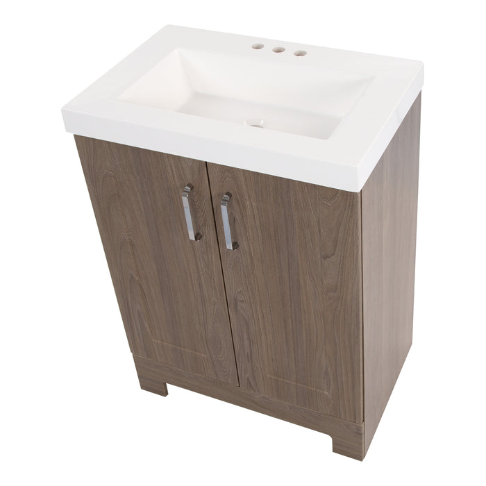 Top view of Callen vanity by Spring Mill Cabinets, Two door medium woodgrain box-style bathroom cabinet with shaker style doors, chrome hardware, removable white sink top
