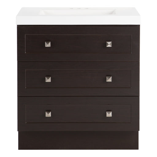 Carlow 30.5" vanity with drawers with white predrilled sink top, square satin nickel drawer pulls
