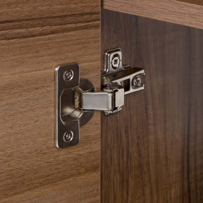 Adjustable hinge on Trente 30 inch 2-door, 1-drawer, bathroom vanity with woodgrain finish and white sink top