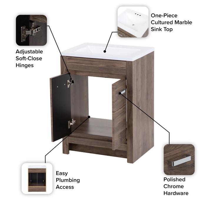 Features of Devere bathroom vanity with 2 doors, white sink top, hardware