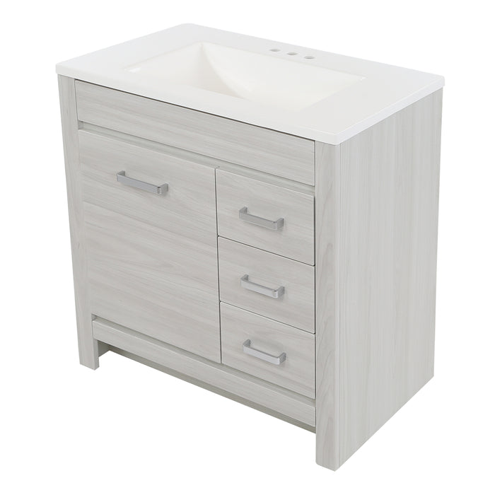 Top view of 30.25" Devere freestanding single-sink vanity features a contemporary design with a soft-close, single-door cabinet, 3 full-extension drawers and polished chrome hardware – shown here in Elm Sky finish