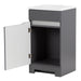 Door open on Brennan gray 18 inch hardware-free compact bathroom vanity with 1 door and white sink top