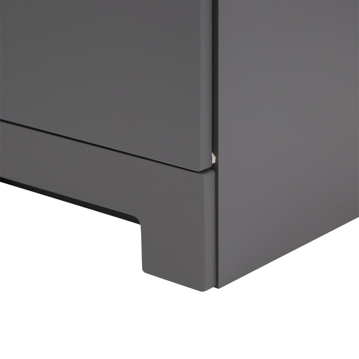 Toekick and dustguard closeup on Brennan gray 18 inch hardware-free compact bathroom vanity with 1 door and white sink top