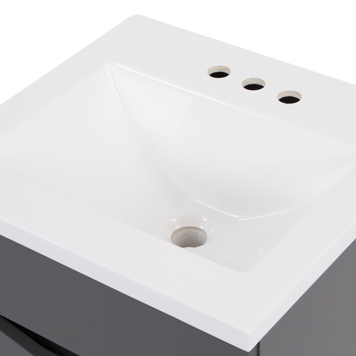 Predrilled sink top on Brennan gray 18 inch hardware-free compact bathroom vanity with 1 door and white sink top