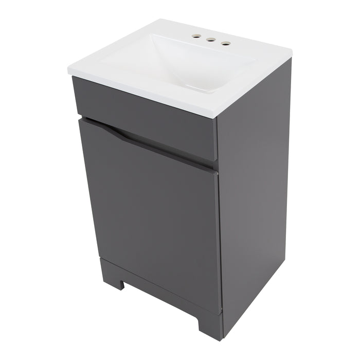 Top view of Brennan gray 18 inch hardware-free compact bathroom vanity with 1 door and white sink top