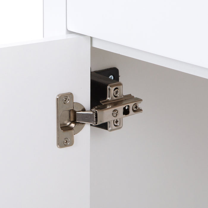Adjustable hinge on Lonsdale 24 inch white half-bath vanity with two doors and white sink top