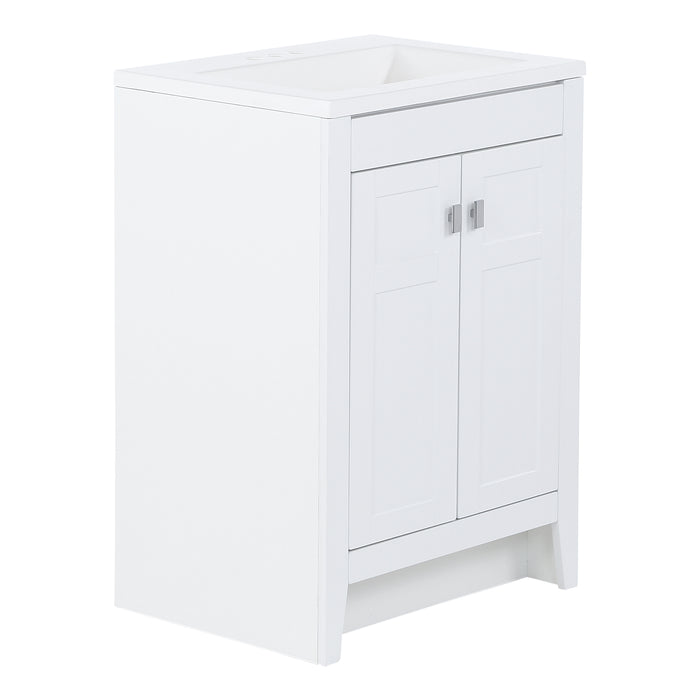 Angled view of Lonsdale 24 inch white half-bath vanity with two doors and white sink top
