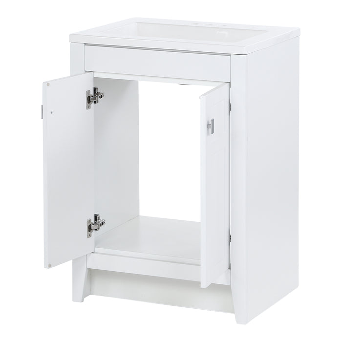 Open doors on Lonsdale 24 inch white half-bath vanity with two doors and white sink top