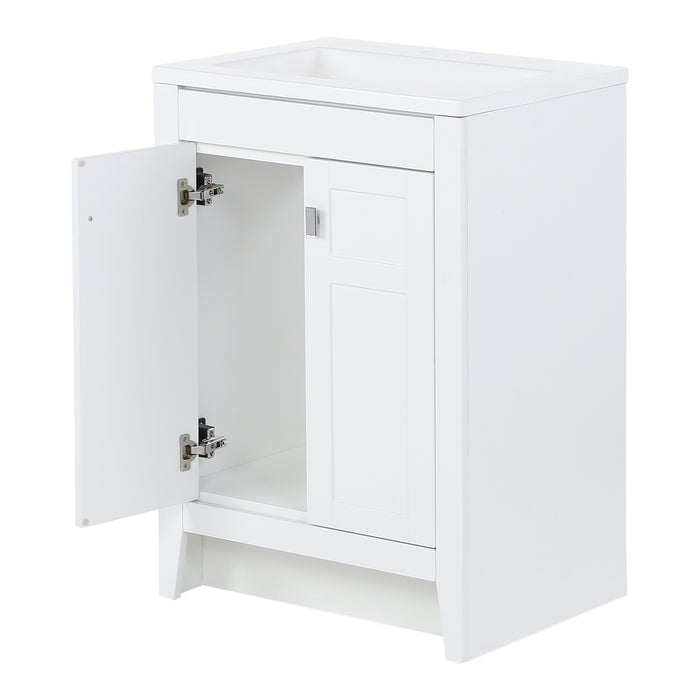Open door on Lonsdale 24 inch white half-bath vanity with two doors and white sink top