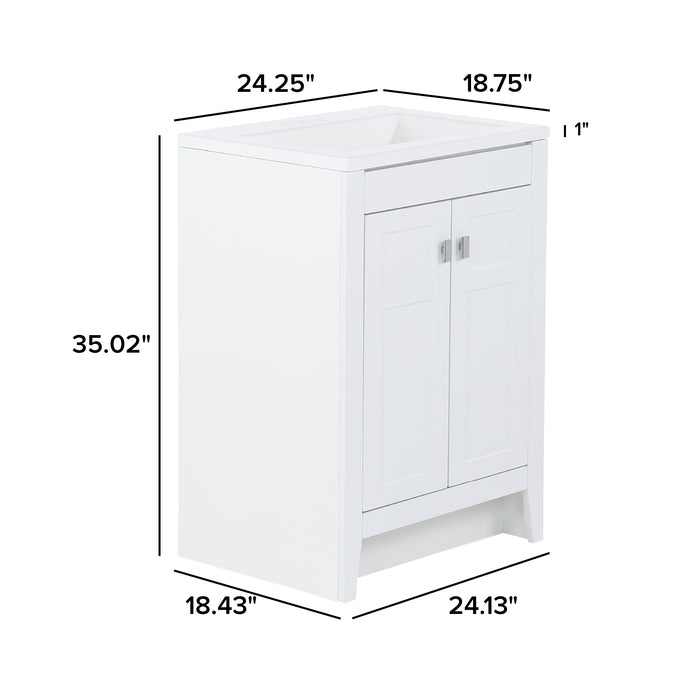 Measurements of Lonsdale 24 inch white half-bath vanity with two doors and white sink top: 24.25 in W x 18.75 in D x 35.02 in H