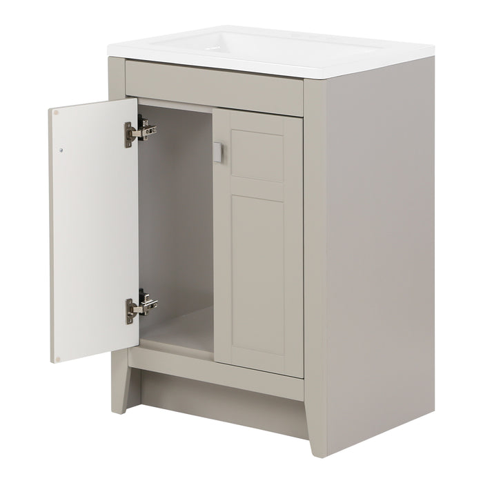 Open door on Lonsdale 24 inch warm gray half-bath vanity with two doors and white sink top