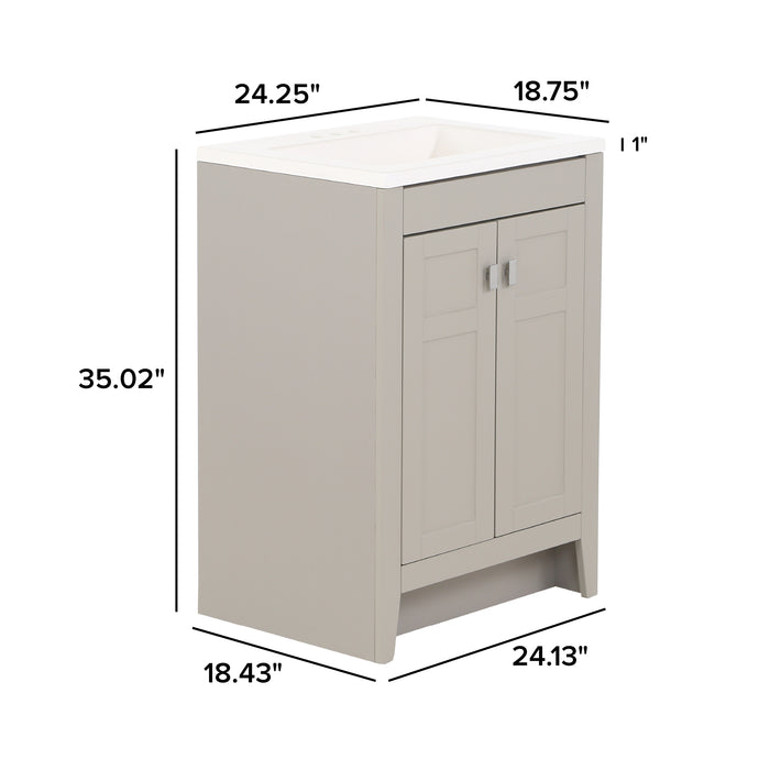 Measurements of Lonsdale 24 inch gray half-bath vanity with two doors and white sink top: 24.25 in W x 18.75 in D x 35.02 in H