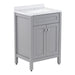 Angled side view of 24.5” wide Marilla bathroom vanity, shown here in sterling gray finish with silver ash sink top, features 2 Shaker-style soft-close doors, adjustable legs, and polished chrome door handles