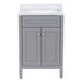 24.5” wide Marilla bathroom vanity, shown here in sterling gray finish with silver ash sink top, features 2 Shaker-style soft-close doors, adjustable legs, and polished chrome door handles