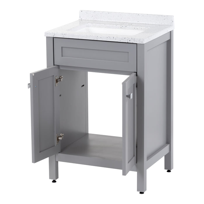 Image shows the 24.5” wide Marilla bathroom vanity, shown here in sterling gray finish with silver ash sink top, with both soft-close cabinet doors opened