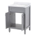 Image shows the 24.5” wide Marilla bathroom vanity, shown here in sterling gray finish with silver ash sink top, with both soft-close cabinet doors opened