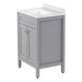 Side view of 24.5” wide Marilla bathroom vanity, shown here in sterling gray finish with silver ash sink top, features 2 Shaker-style soft-close doors, adjustable legs, and polished chrome door handles