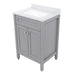 Top view of 24.5” wide Marilla bathroom vanity, shown here in sterling gray finish with silver ash sink top, features 2 Shaker-style soft-close doors, adjustable legs, and polished chrome door handles