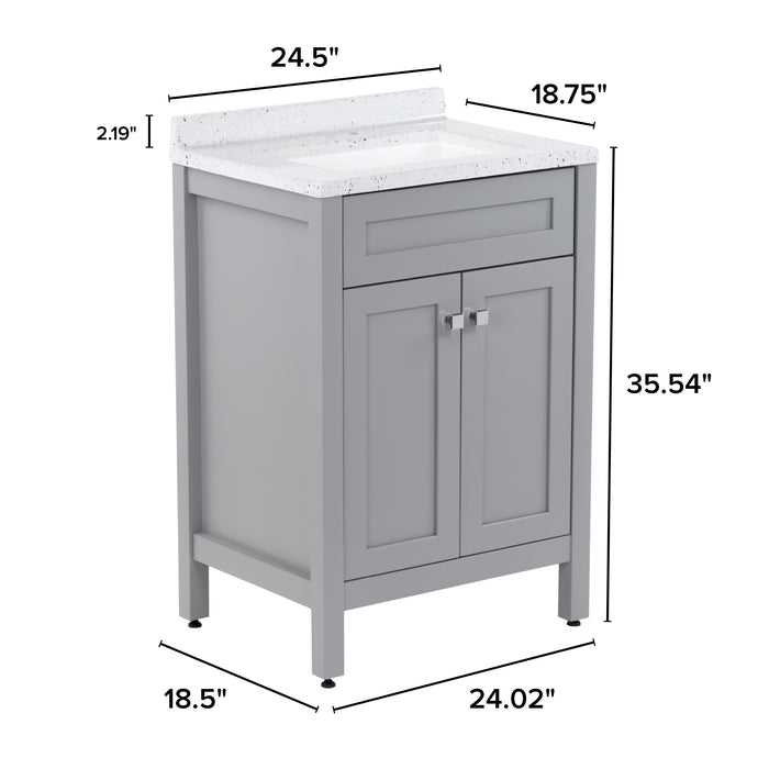 Measurements of 24.5” wide Marilla bathroom vanity, shown here in sterling gray finish with silver ash sink top: 24.5” width x 18.75” depth x 35.54” height