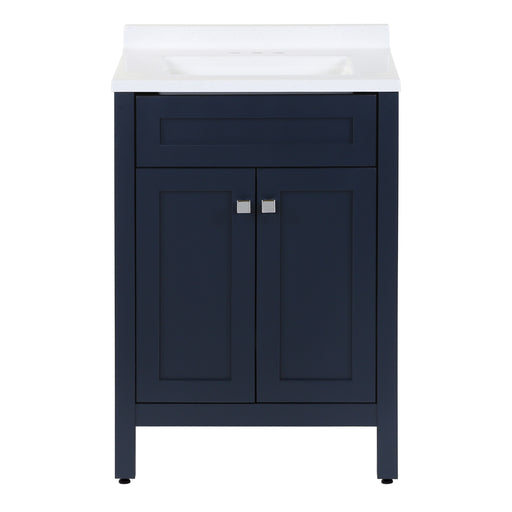 24.5” wide Marilla bathroom vanity, shown here in blue finish with white sink top, features 2 Shaker-style soft-close doors, adjustable legs, and polished chrome door handles