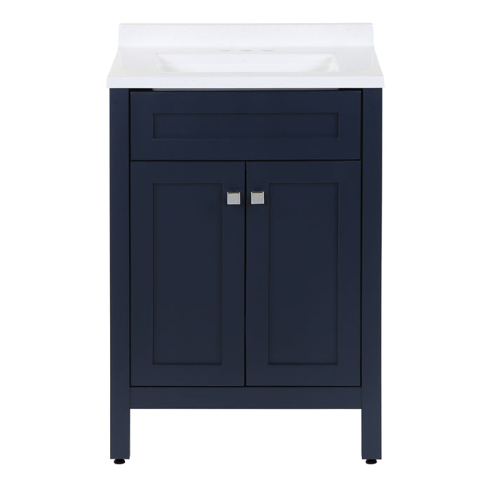 24.5” wide Marilla bathroom vanity, shown here in blue finish with white sink top, features 2 Shaker-style soft-close doors, adjustable legs, and polished chrome door handles
