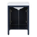 View of the open-back design of the 24.5” wide Marilla bathroom vanity, shown here in blue finish with white sink top