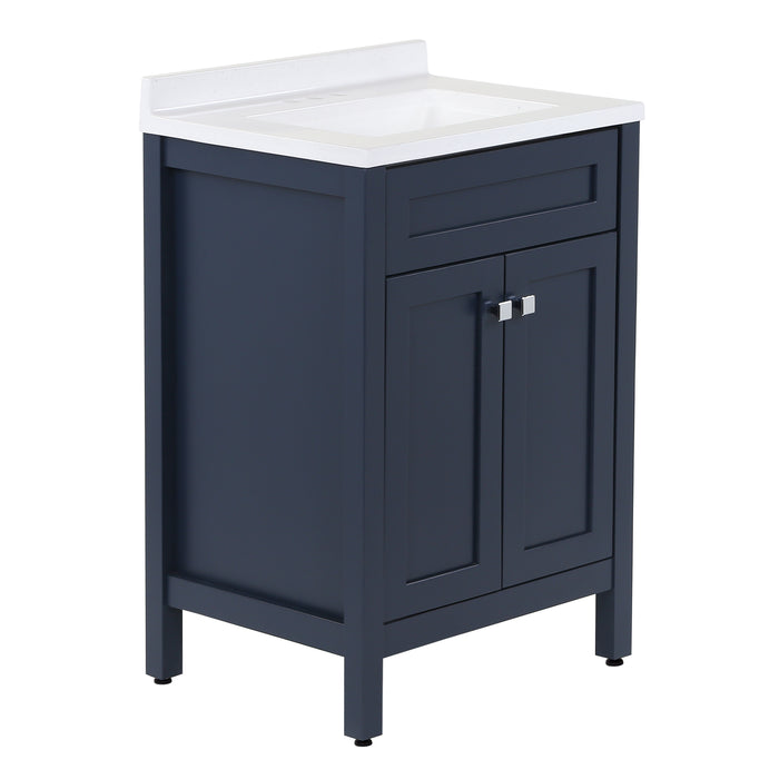 Angled side view of 24.5” wide Marilla bathroom vanity, shown here in blue finish with white sink top, features 2 Shaker-style soft-close doors, adjustable legs, and polished chrome door handles