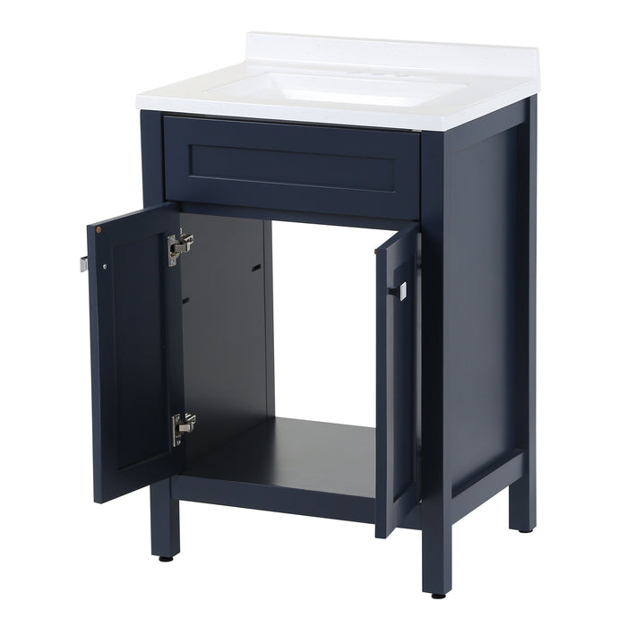 Image shows the 24.5” wide Marilla bathroom vanity, shown here in blue finish with white sink top, with both soft-close cabinet doors opened