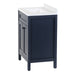 Side view of 24.5” wide Marilla bathroom vanity, shown here in blue finish with white sink top, features 2 Shaker-style soft-close doors, adjustable legs, and polished chrome door handles